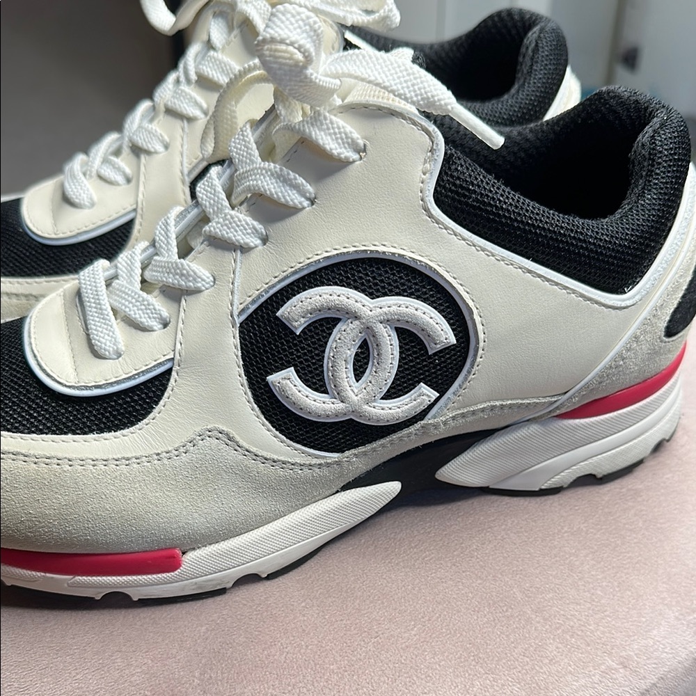 CHANEL Black, White, and Pink Athletic Shoes